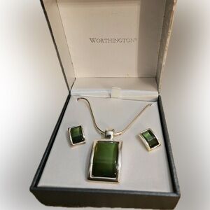 Worthington Jade Green Silver Necklace W/matching Pierced Green Jade...